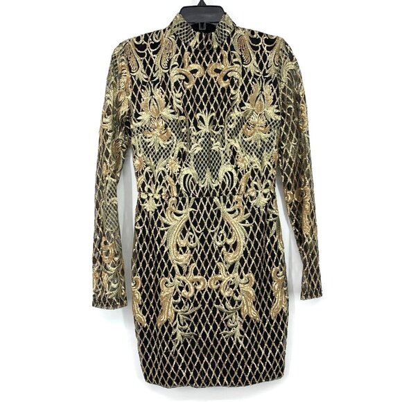 Akira Dress Black Gold Embroidered Sequin Long Sleeve Mock Neck - Picture 2 of 13